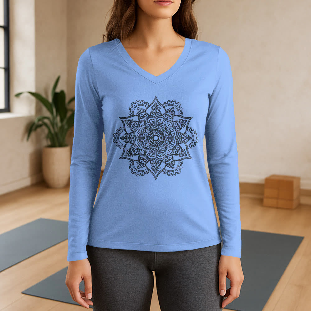 Olivenorma Colorful Lotus Elephant Printed Long Sleeve V-Neck T-Shirt - Light Blue - 3XL - image 11