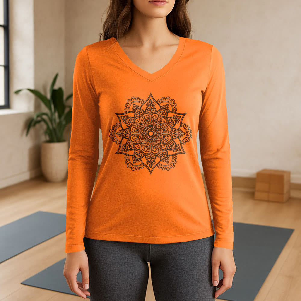 Olivenorma Colorful Lotus Elephant Printed Long Sleeve V-Neck T-Shirt - Orange - 3XL - image 15