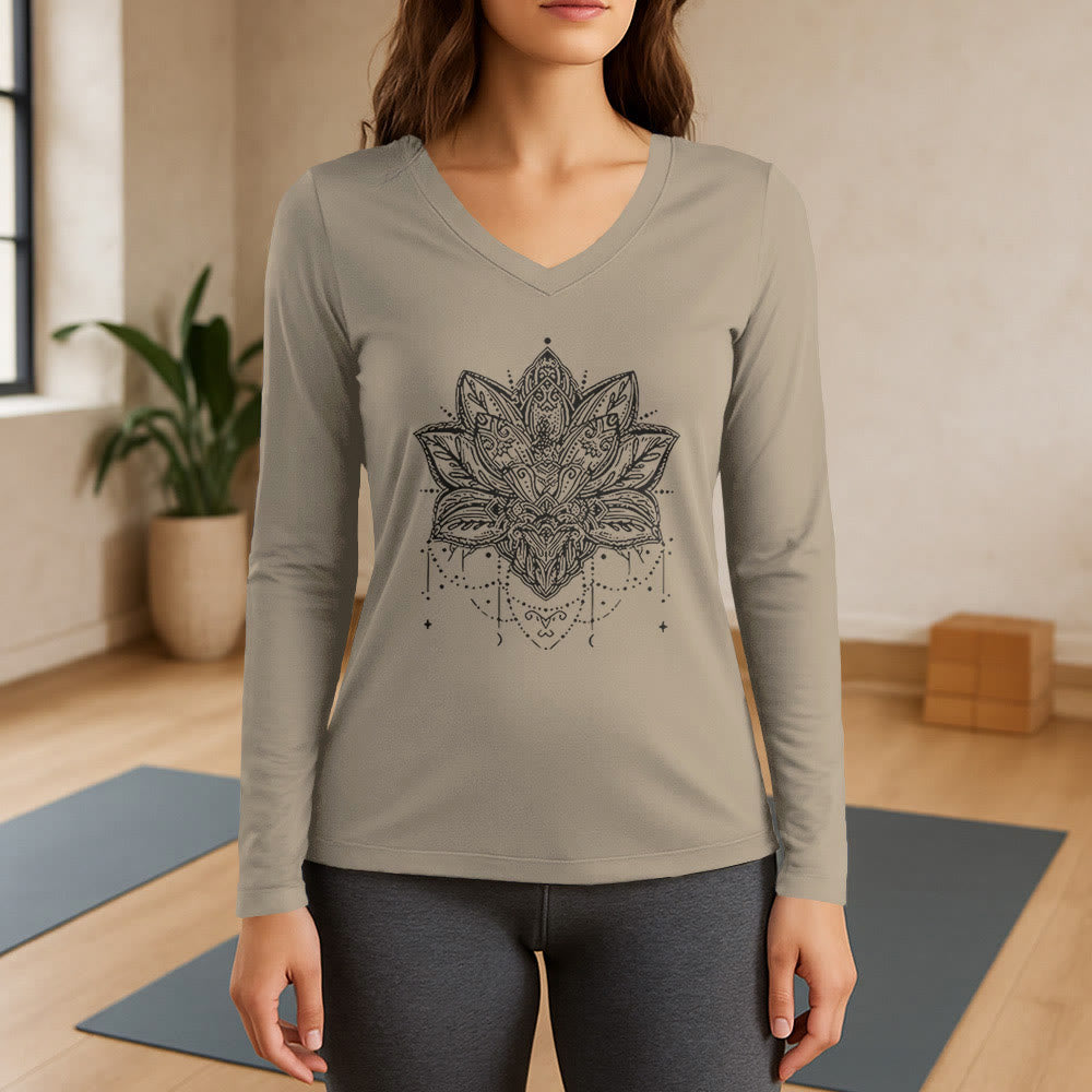 Olivenorma Lotus Printed Large Long Sleeve V-Neck T-Shirt - Khaki - 3XL - image 17