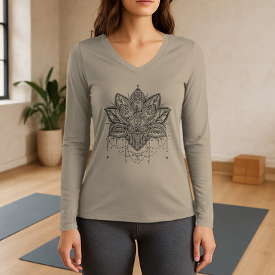 Olivenorma Lotus Printed Large Long Sleeve V-Neck T-Shirt - Khaki - 3XL - image 17