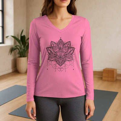 Olivenorma Lotus Printed Large Long Sleeve V-Neck T-Shirt - Pink - 3XL - image 13