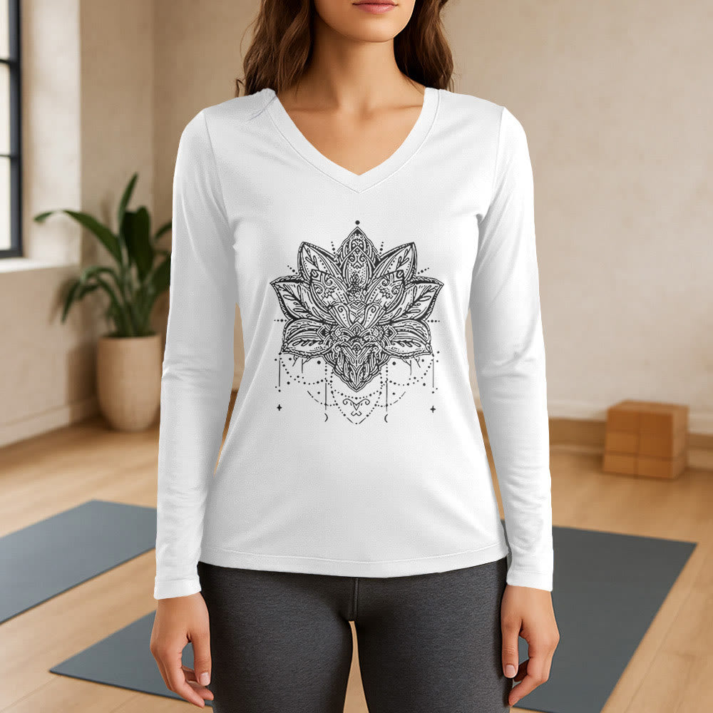 Olivenorma Lotus Printed Large Long Sleeve V-Neck T-Shirt - White - 3XL - image 7