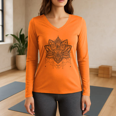 Olivenorma Lotus Printed Large Long Sleeve V-Neck T-Shirt - Orange - 3XL - image 15