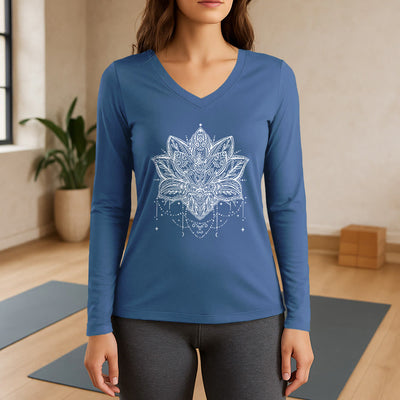 Olivenorma Lotus Printed Large Long Sleeve V-Neck T-Shirt - Blue - 3XL - image 12