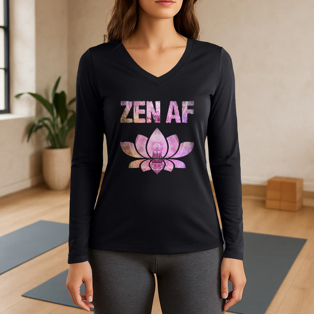 Olivenorma Zen AF Yoga Lotus Long Sleeve V-Neck T-Shirt - Black - 3XL - image 1