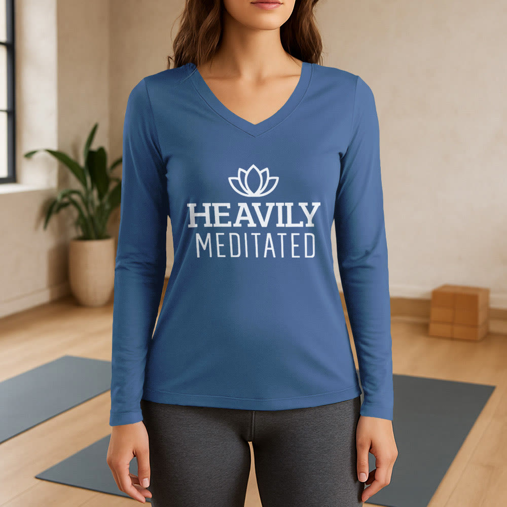 Olivenorma Heavily Meditated Lotus Long Sleeve V-Neck T-Shirt - Blue - 3XL - image 12