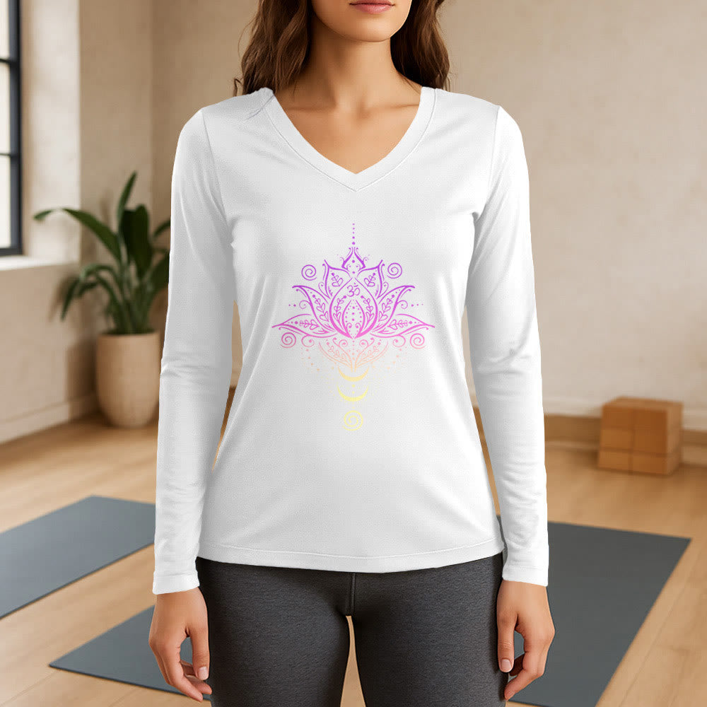 Olivenorma OM Lotus Flower Long Sleeve V-Neck T-Shirt - White - 3XL - image 7