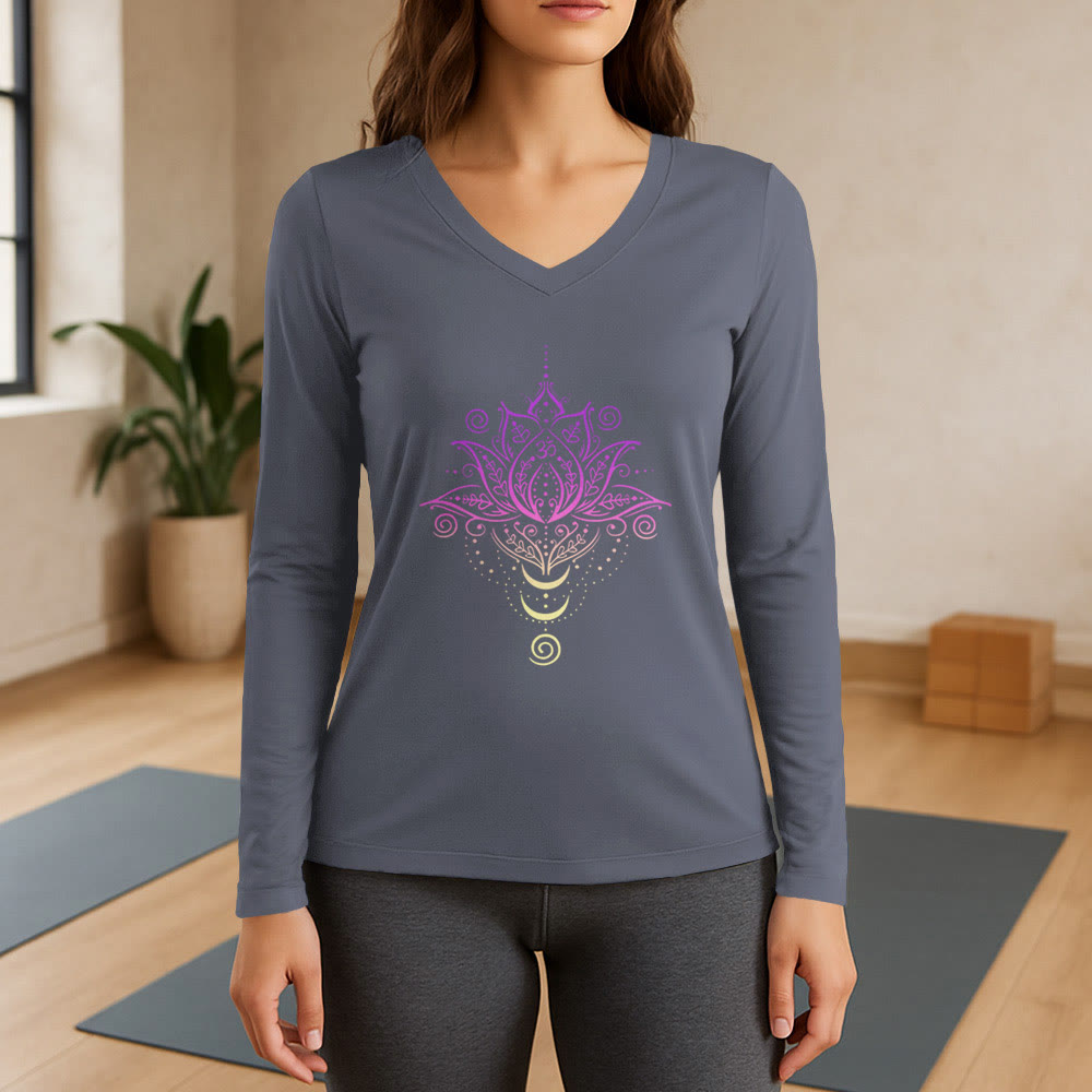 Olivenorma OM Lotus Flower Long Sleeve V-Neck T-Shirt - Gray - 3XL - image 16