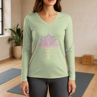 Olivenorma OM Lotus Flower Long Sleeve V-Neck T-Shirt - Light Green - 3XL - image 9