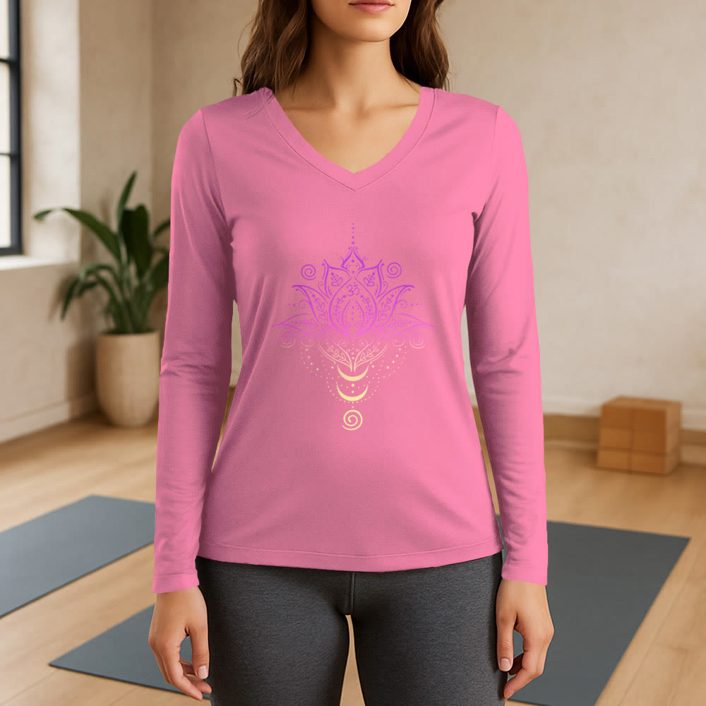 Olivenorma OM Lotus Flower Long Sleeve V-Neck T-Shirt - Pink - 3XL - image 13