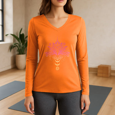 Olivenorma OM Lotus Flower Long Sleeve V-Neck T-Shirt - Orange - 3XL - image 15