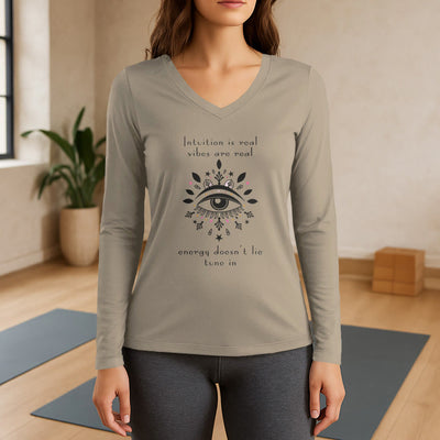 Olivenorma Intuition Evil Eye Design Long Sleeve V-Neck T-Shirt - Khaki - 3XL - image 16