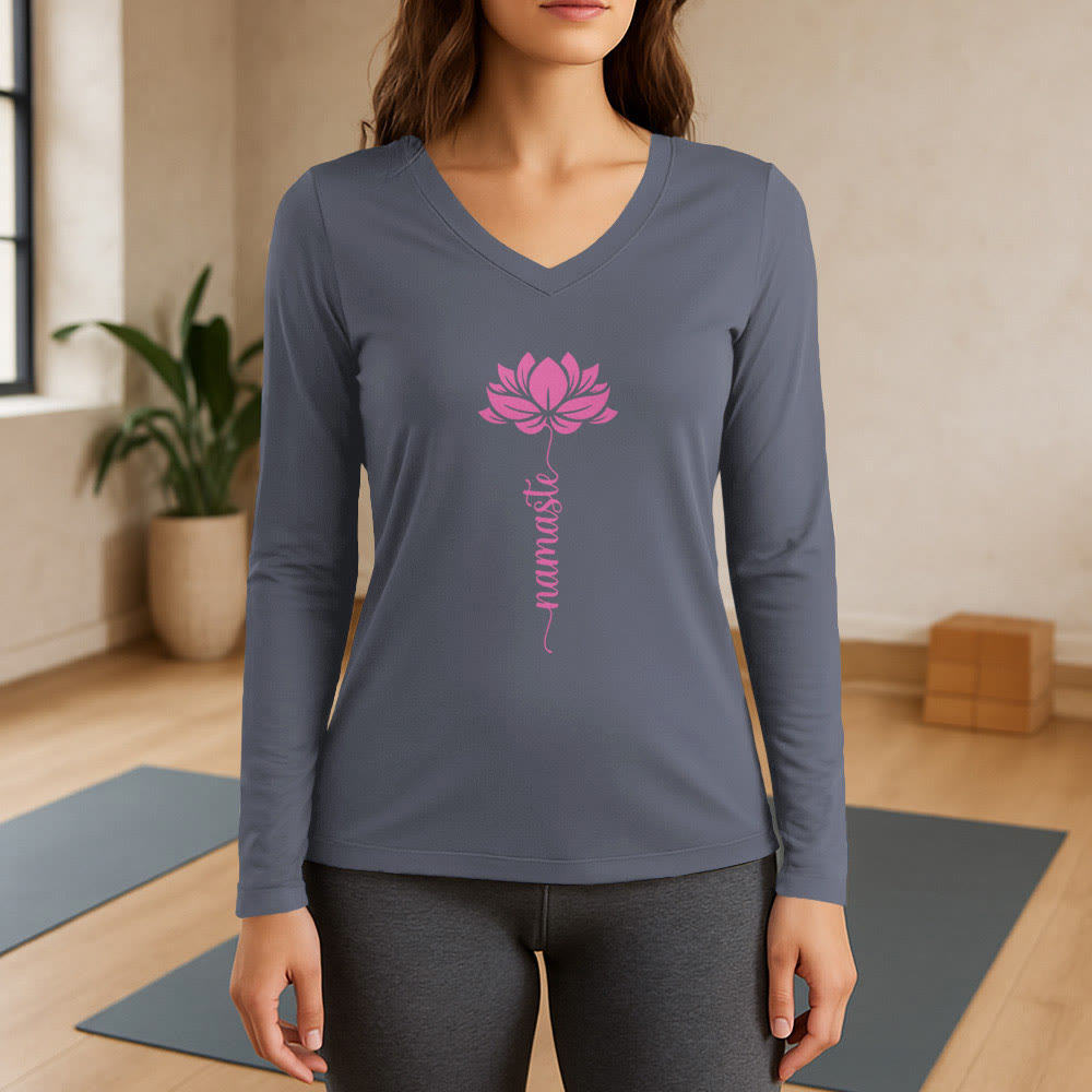 Olivenorma Namaste Lotus Yoga Long Sleeve V-Neck T-Shirt - Gray - 3XL - image 16