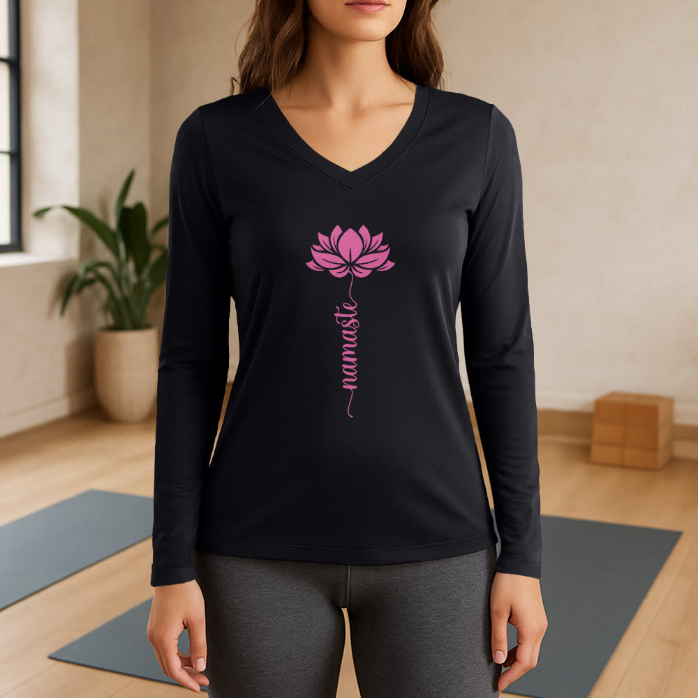Olivenorma Namaste Lotus Yoga Long Sleeve V-Neck T-Shirt - Black - 3XL - image 7