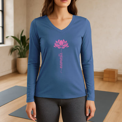 Olivenorma Namaste Lotus Yoga Long Sleeve V-Neck T-Shirt - Blue - 3XL - image 12