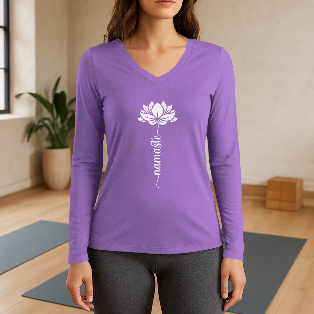 Olivenorma Namaste Lotus Yoga Long Sleeve V-Neck T-Shirt - Purple - 3XL - image 14