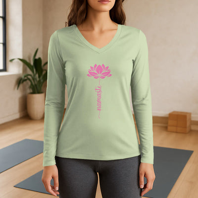 Olivenorma Namaste Lotus Yoga Long Sleeve V-Neck T-Shirt - Light Green - 3XL - image 9