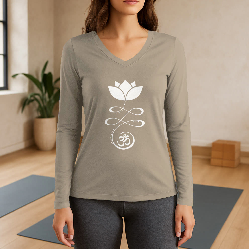 Olivenorma Yoga Lotus Flower Om Symbol Long Sleeve V-Neck T-Shirt - Khaki - 3XL - image 17