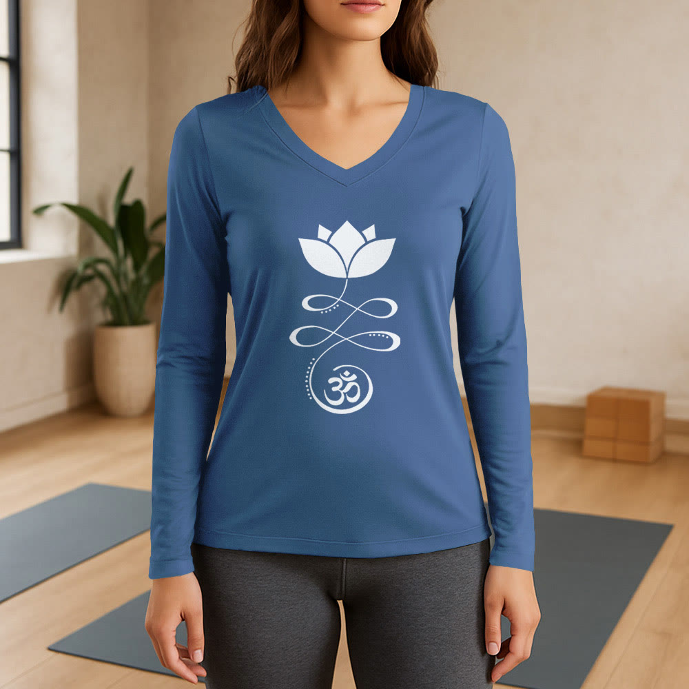 Olivenorma Yoga Lotus Flower Om Symbol Long Sleeve V-Neck T-Shirt - Blue - 3XL - image 0