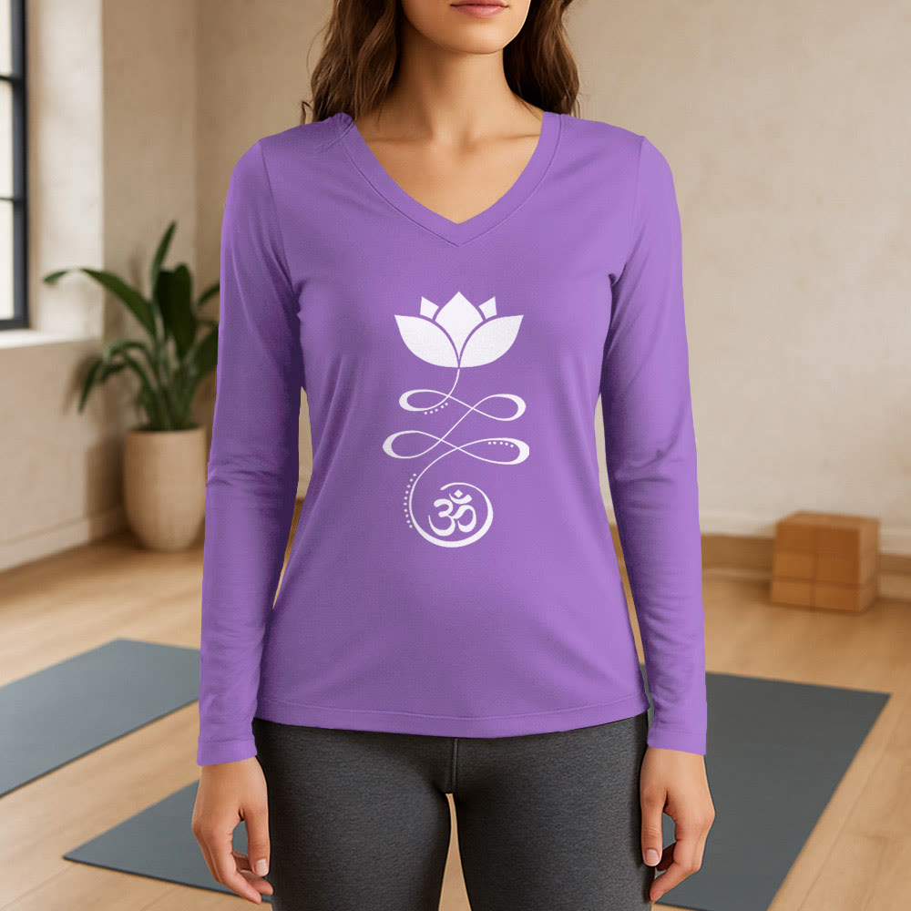 Olivenorma Yoga Lotus Flower Om Symbol Long Sleeve V-Neck T-Shirt - Purple - 3XL - image 14
