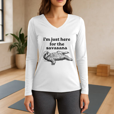 Olivenorma I'm Just Here for Savasana Long Sleeve V-Neck T-Shirt - White - 3XL - image 7