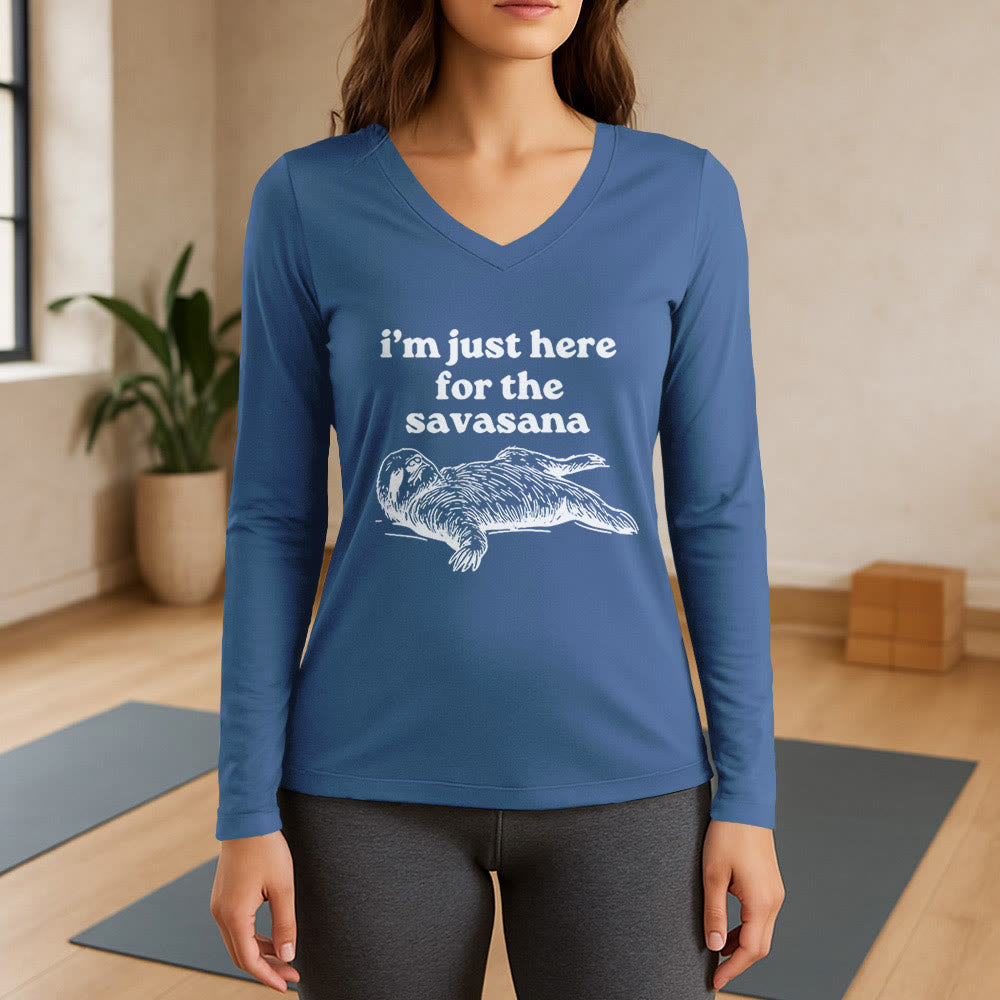 Olivenorma I'm Just Here for Savasana Long Sleeve V-Neck T-Shirt - Blue - 3XL - image 13