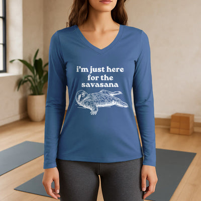 Olivenorma I'm Just Here for Savasana Long Sleeve V-Neck T-Shirt - Blue - 3XL - image 13