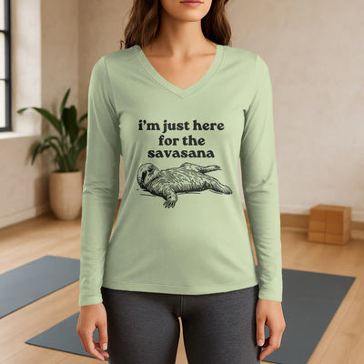 Olivenorma I'm Just Here for Savasana Long Sleeve V-Neck T-Shirt - Light Green - 3XL - image 10