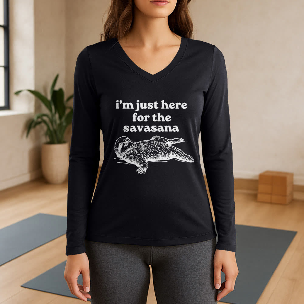 Olivenorma I'm Just Here for Savasana Long Sleeve V-Neck T-Shirt - Black - 3XL - image 9