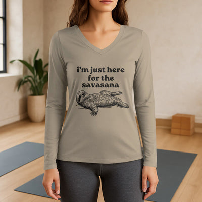 Olivenorma I'm Just Here for Savasana Long Sleeve V-Neck T-Shirt - Khaki - 3XL - image 17