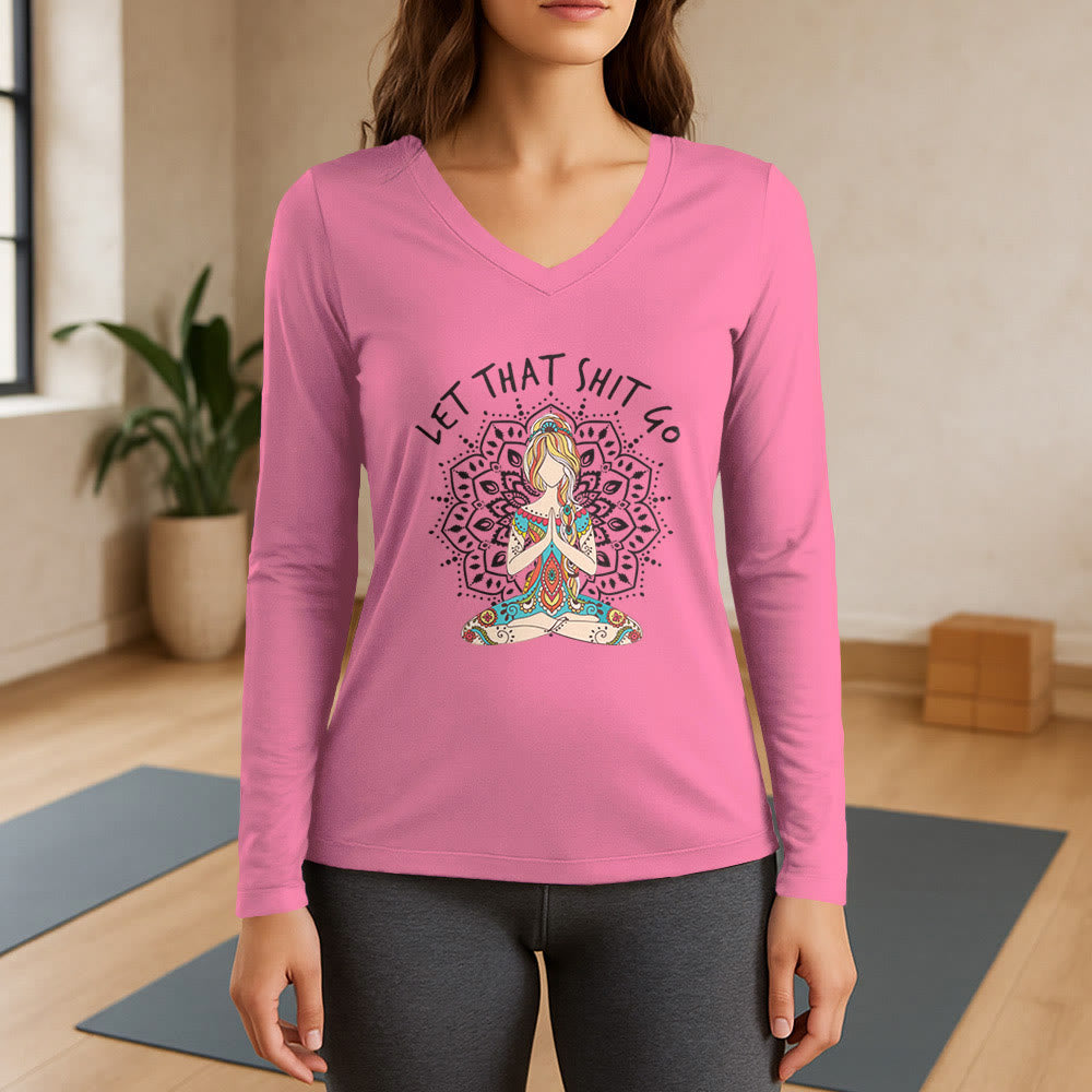 Olivenorma "Let That Shit Go" Yoga Meditation Long Sleeve V-Neck T-Shirt - Pink - 3XL - image 13