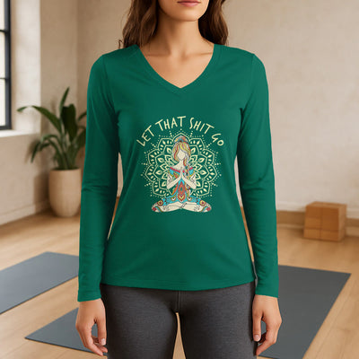 Olivenorma "Let That Shit Go" Yoga Meditation Long Sleeve V-Neck T-Shirt - Green - 3XL - image 11