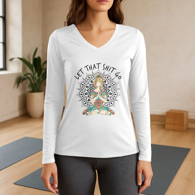 Olivenorma "Let That Shit Go" Yoga Meditation Long Sleeve V-Neck T-Shirt - White - 3XL - image 7