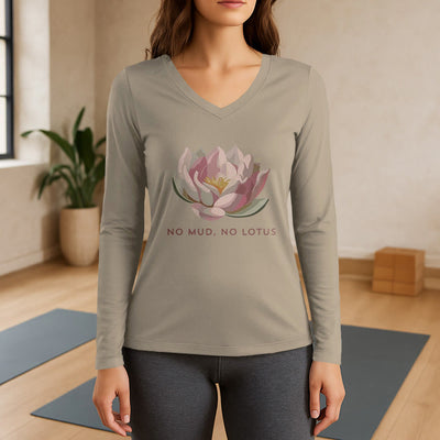 Olivenorma "NO MUD, NO LOTUS" Yoga Tee Long Sleeve V-Neck T-Shirt - Khaki - 3XL - image 17
