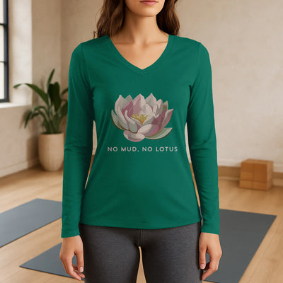 Olivenorma "NO MUD, NO LOTUS" Yoga Tee Long Sleeve V-Neck T-Shirt - Green - 3XL - image 11