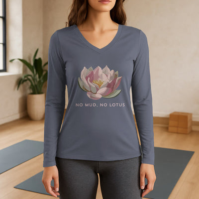 Olivenorma "NO MUD, NO LOTUS" Yoga Tee Long Sleeve V-Neck T-Shirt - Gray - 3XL - image 16