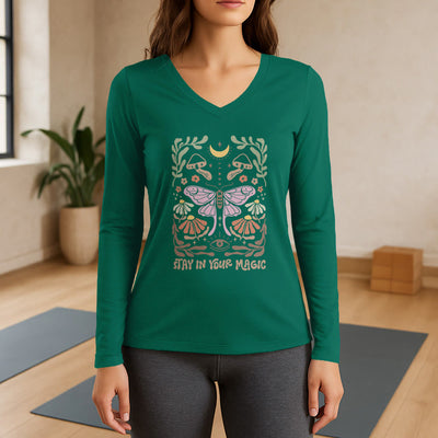 Olivenorma Luna Moth Long Sleeve V-Neck T-Shirt - Green - 3XL - image 11