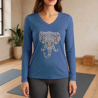 Olivenorma Women's Nature and Animal Elephant Long Sleeve V-Neck T-Shirt - Blue - 3XL - image 12