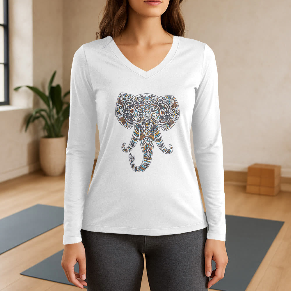 Olivenorma Women's Nature and Animal Elephant Long Sleeve V-Neck T-Shirt - White - 3XL - image 7