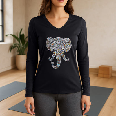 Olivenorma Women's Nature and Animal Elephant Long Sleeve V-Neck T-Shirt - Black - 3XL - image 9