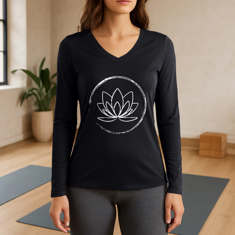 Olivenorma Boho Lotus Flower Long Sleeve V-Neck T-Shirt - Black - 3XL - image 7