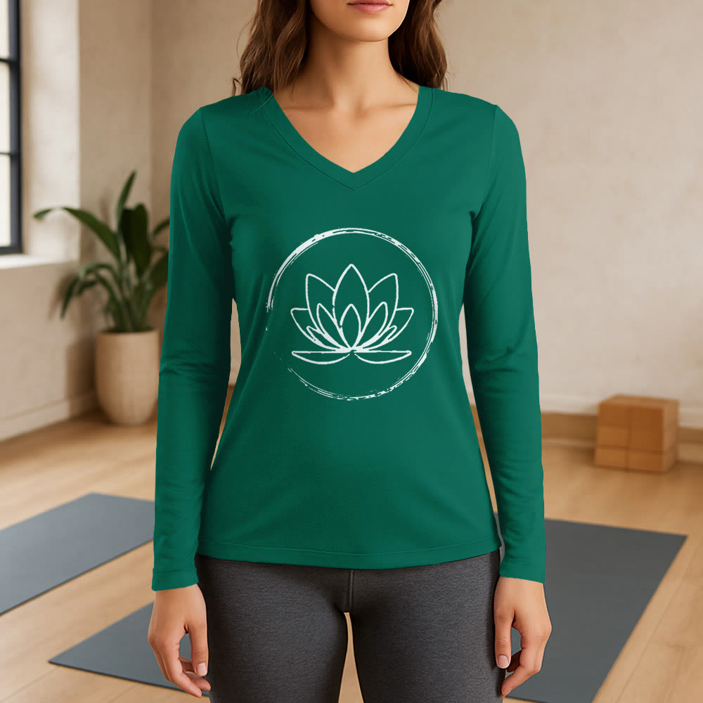 Olivenorma Boho Lotus Flower Long Sleeve V-Neck T-Shirt - Green - 3XL - image 11