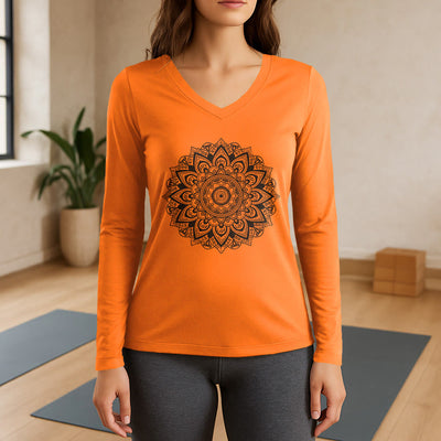 Olivenorma Lotus Flower Geometric Pattern Yoga Long Sleeve V-Neck T-Shirt - Orange - 3XL - image 15