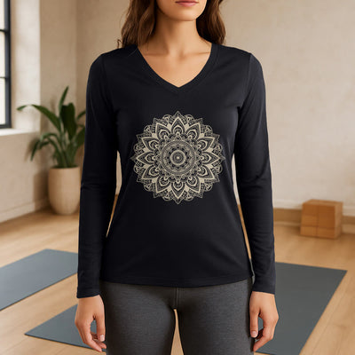 Olivenorma Lotus Flower Geometric Pattern Yoga Long Sleeve V-Neck T-Shirt - Black - 3XL - image 9