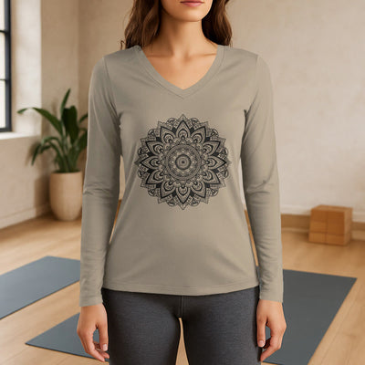 Olivenorma Lotus Flower Geometric Pattern Yoga Long Sleeve V-Neck T-Shirt - Khaki - 3XL - image 17