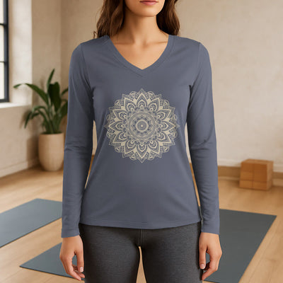 Olivenorma Lotus Flower Geometric Pattern Yoga Long Sleeve V-Neck T-Shirt - Gray - 3XL - image 16