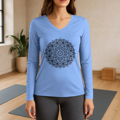 Olivenorma Lotus Flower Geometric Pattern Yoga Long Sleeve V-Neck T-Shirt - Light Blue - 3XL - image 10