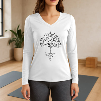 Olivenorma Yoga Tree Pose Long Sleeve V-Neck T-Shirt - White - 3XL - image 9