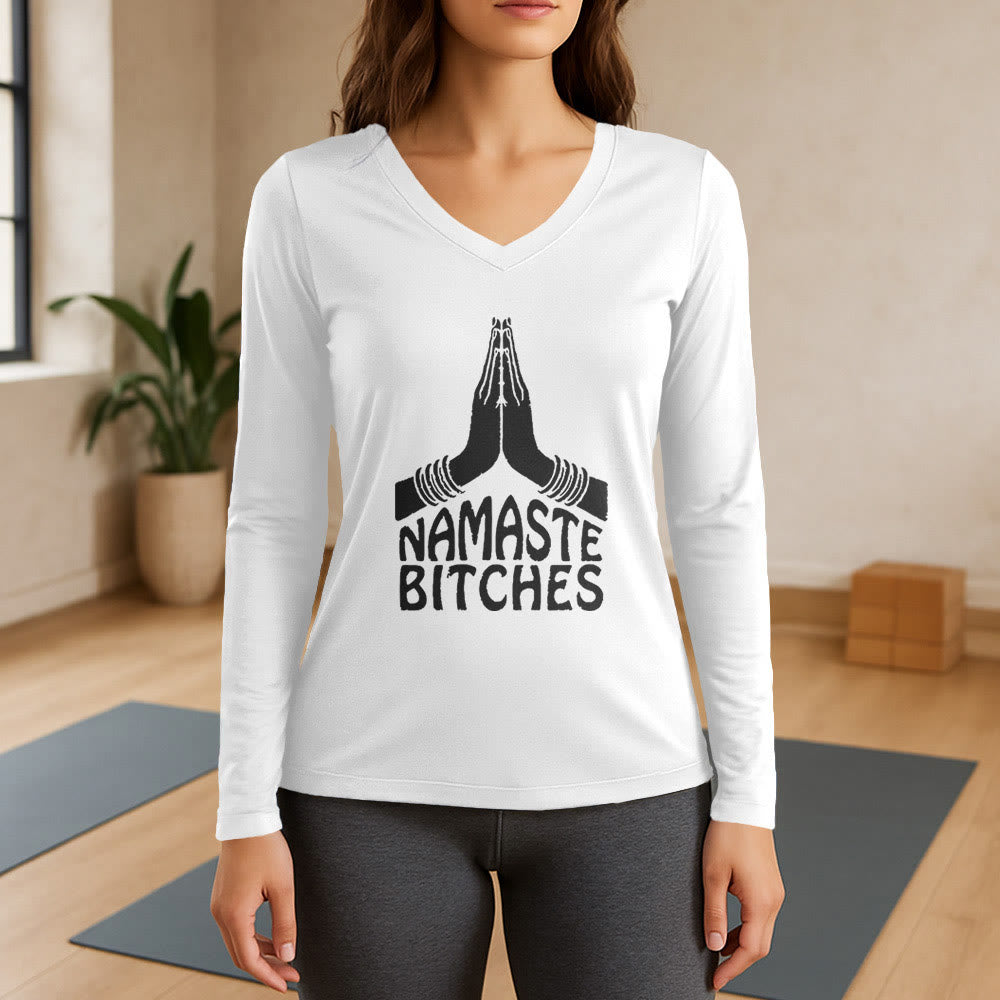 Olivenorma Funny Namaste Meditation Yoga Long Sleeve V-Neck T-Shirt - White - 3XL - image 7