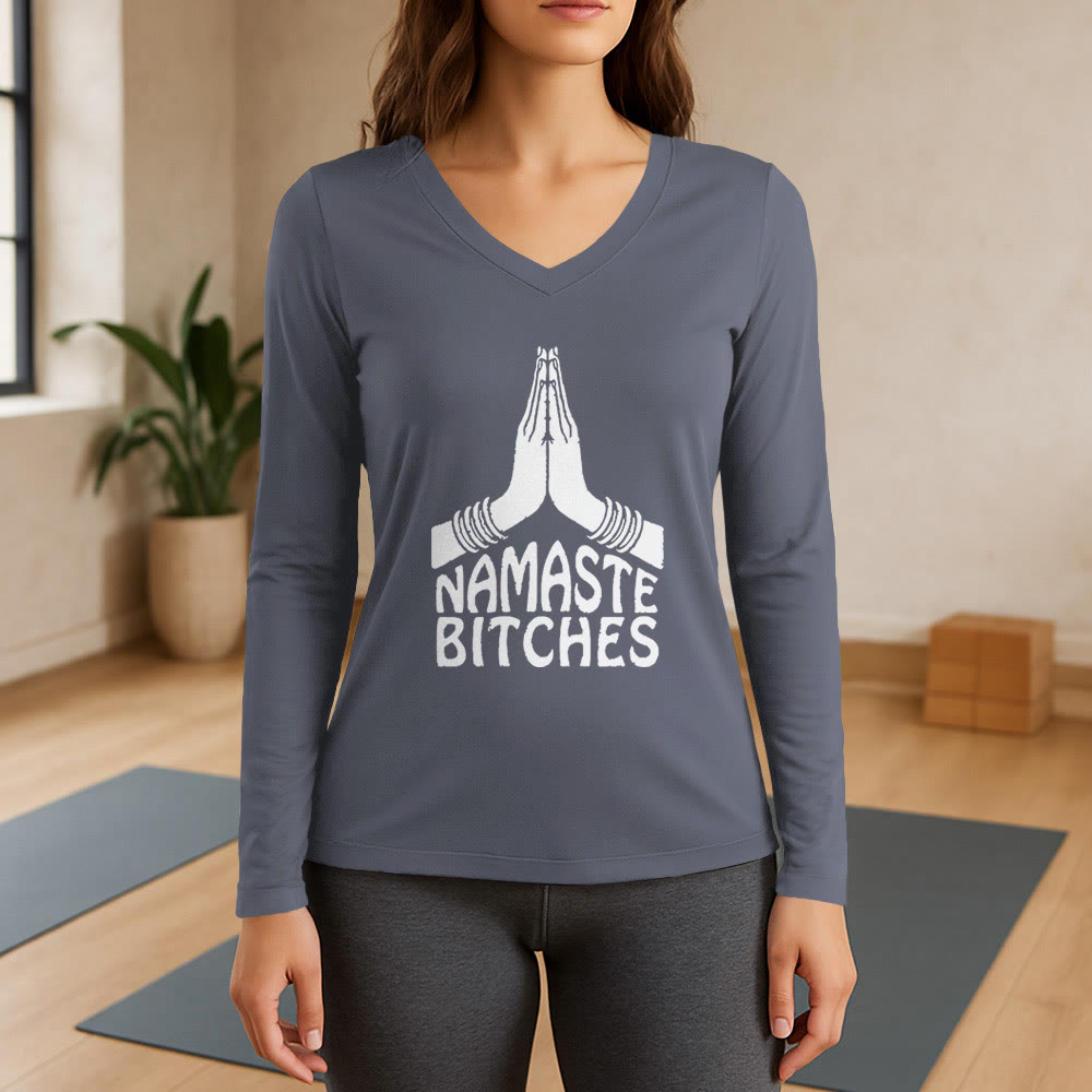 Olivenorma Funny Namaste Meditation Yoga Long Sleeve V-Neck T-Shirt - Gray - 3XL - image 16